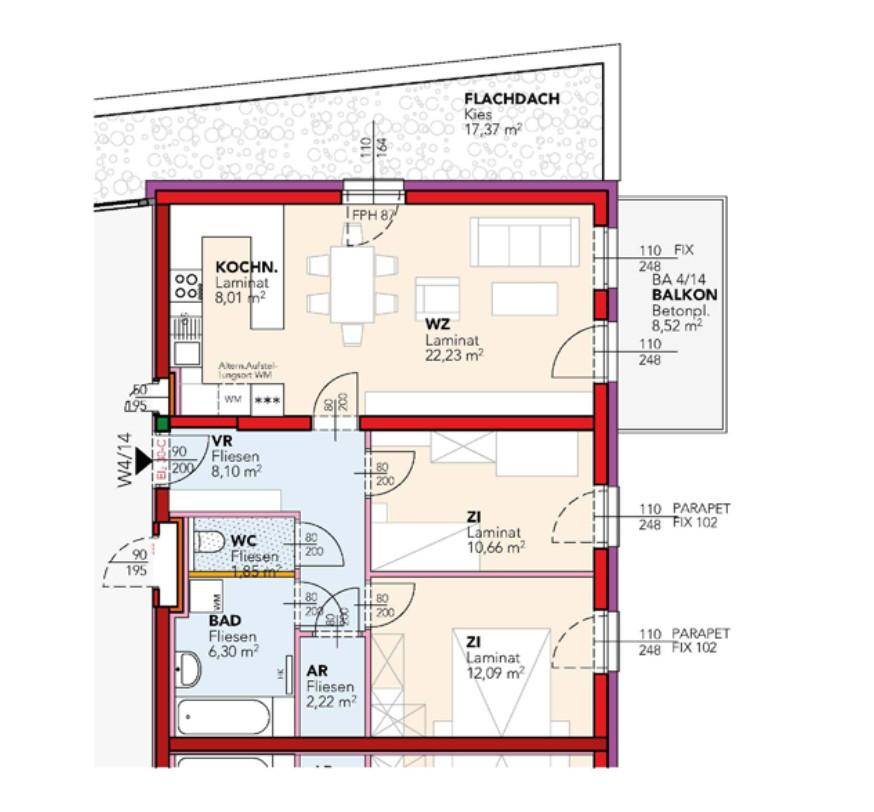 Grundriss einer Wohnung mit offener Küche, Wohnzimmer, zwei weiteren Zimmern, Bad, WC und Balkon.