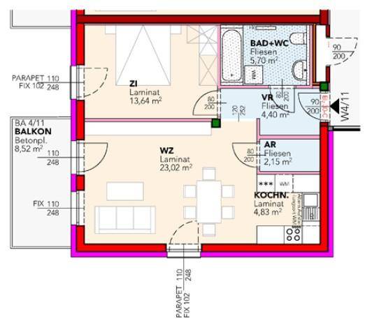 Detaillierter Grundriss einer Wohnung mit Schlafzimmer, offenem Wohnbereich, separater Küche, Bad und Balkon.