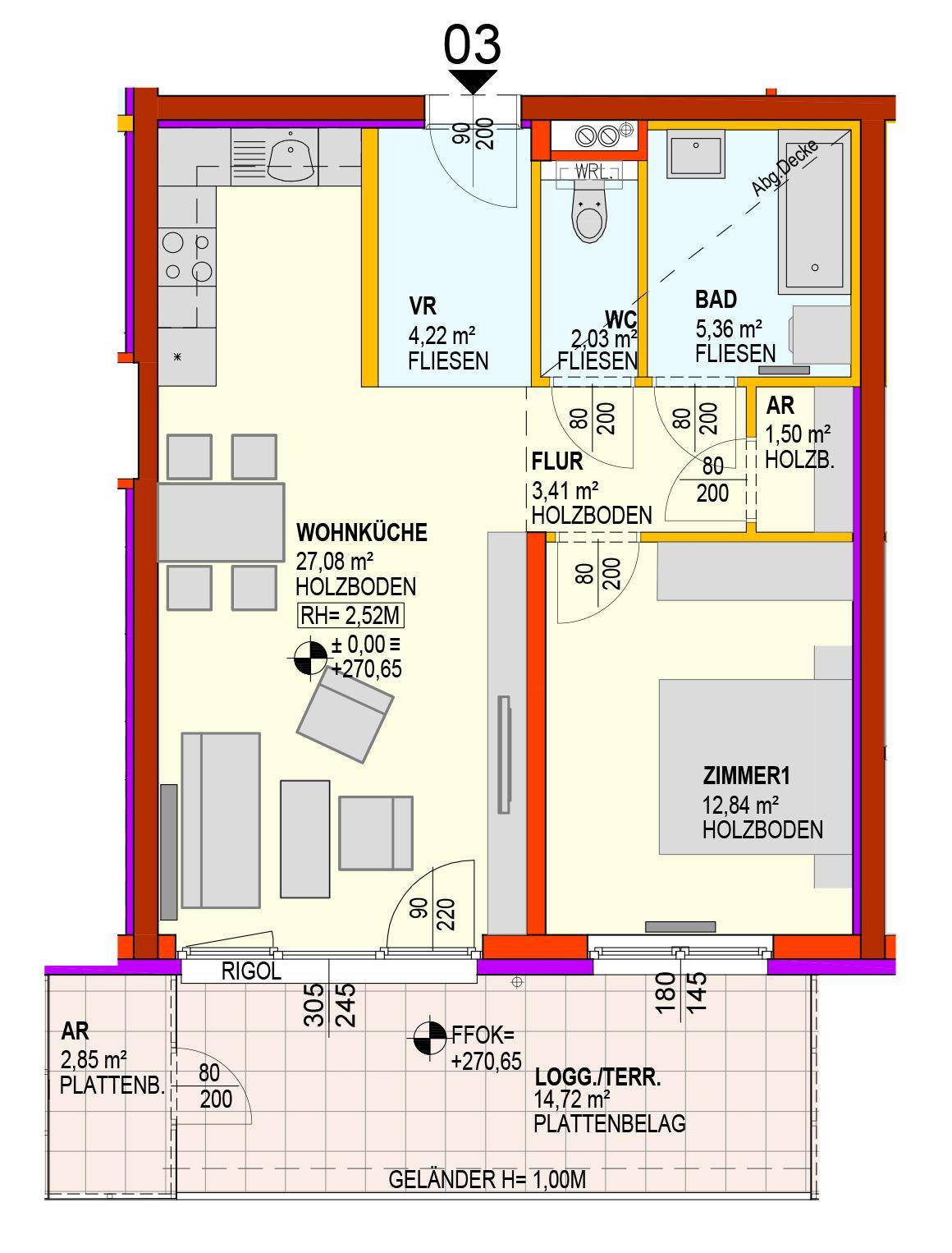 Detaillierter Grundriss einer Wohnung mit Wohnküche, Schlafzimmer, Bad und großer Loggia/Terrasse.
