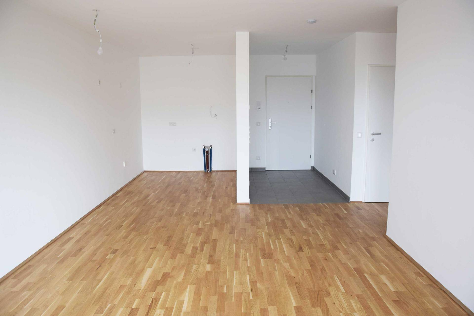 Heller, leerer Wohnbereich mit neuem Holzparkettboden und Zugang zum Eingangsbereich.