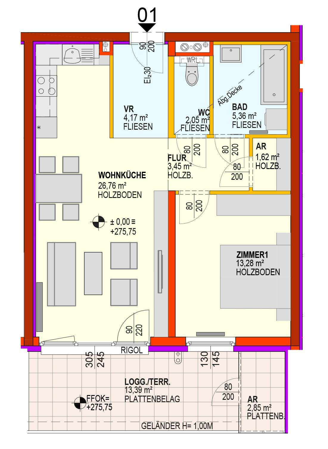 Grundriss einer Wohnung mit offener Wohnküche, einem Schlafzimmer und Loggia/Terrasse.