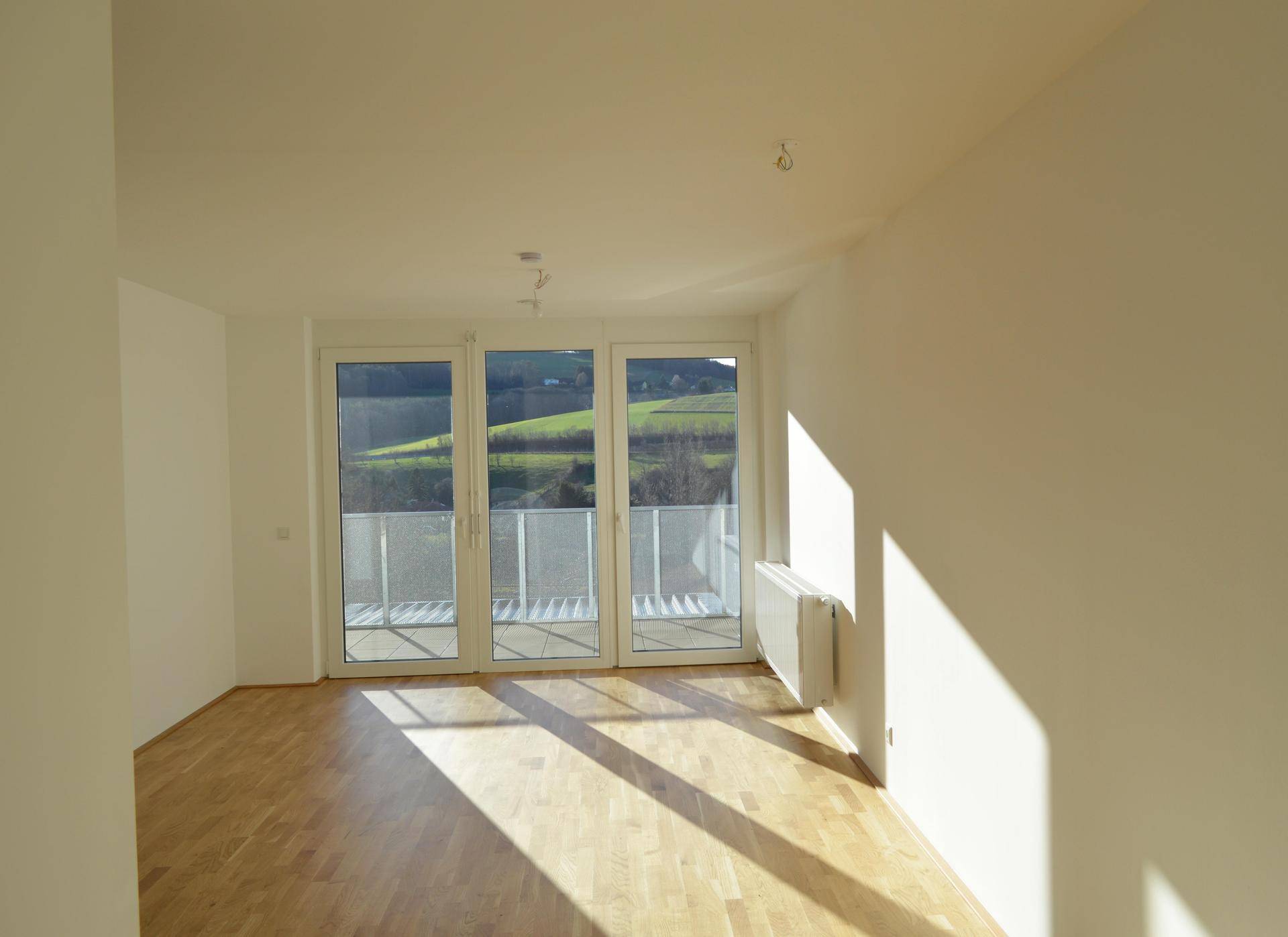 Heller, leerer Wohnraum mit großen Fenstern und Holzboden, der viel natürliches Licht hereinlässt.