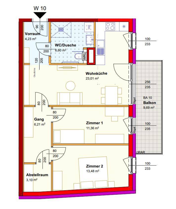 Detaillierter Grundriss einer Wohnung mit offener Wohnküche, zwei Schlafzimmern, Bad und Balkon.