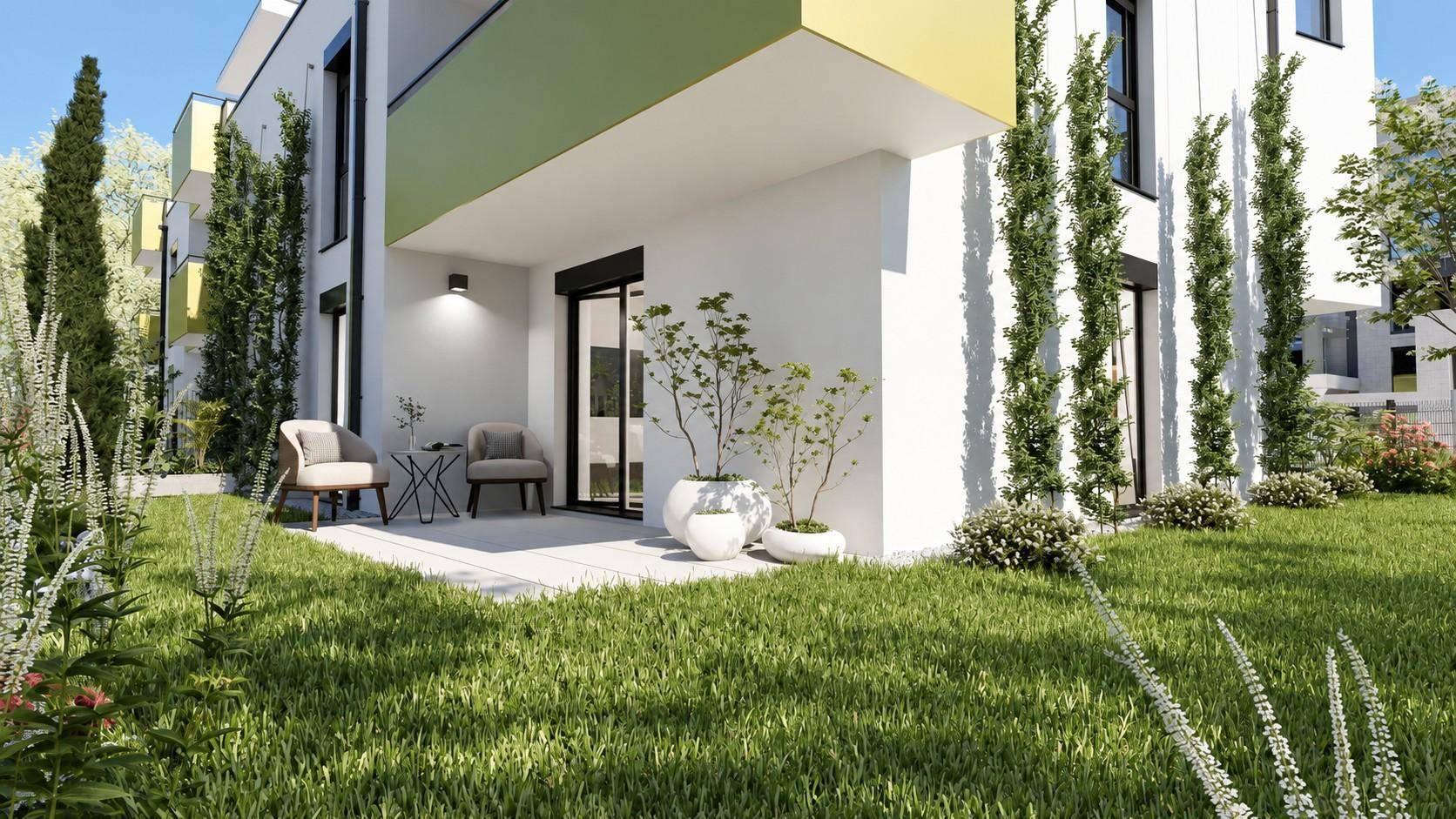 Helle Terrasse mit modernen Gartenmöbeln und Zugang zum gepflegten Gartenbereich.