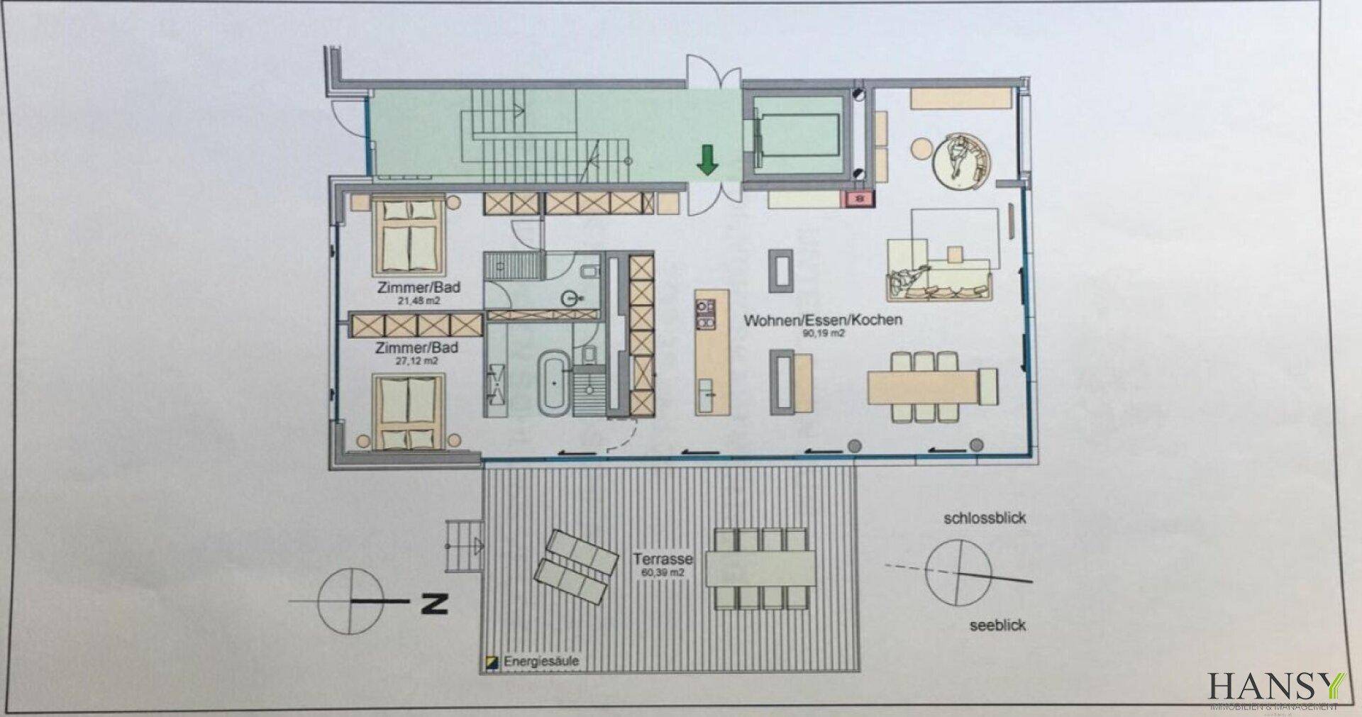 Detaillierter Grundriss einer Wohnung mit offenem Wohn-/Ess-/Kochbereich und großer Terrasse.
