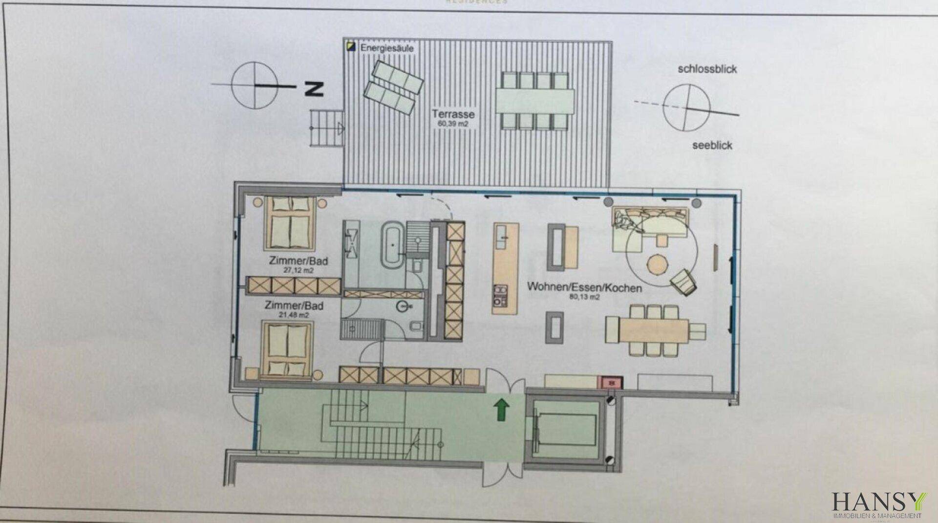 Detaillierter Grundriss einer Wohnung mit offenem Wohn-/Ess-/Kochbereich und großer Terrasse.
