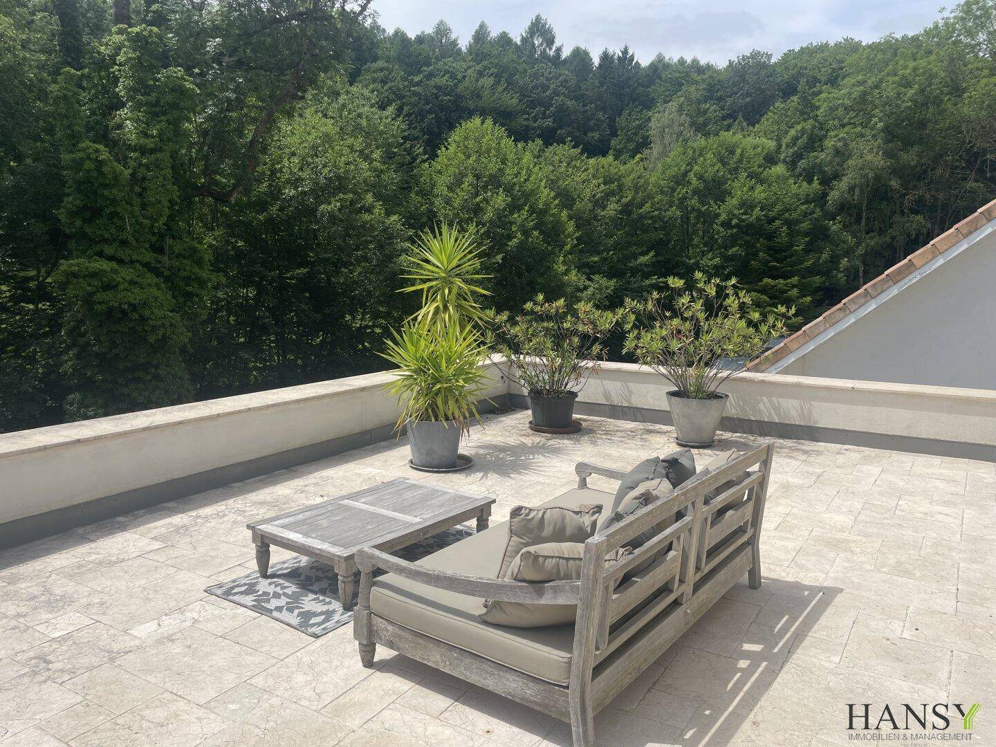 Sonnige Dachterrasse mit Loungemöbeln und weitem Blick auf die umliegende Natur.