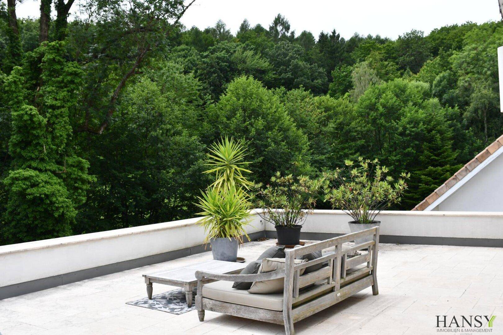 Sonnige Dachterrasse mit Loungemöbeln und weitem Blick auf die umliegende Natur.