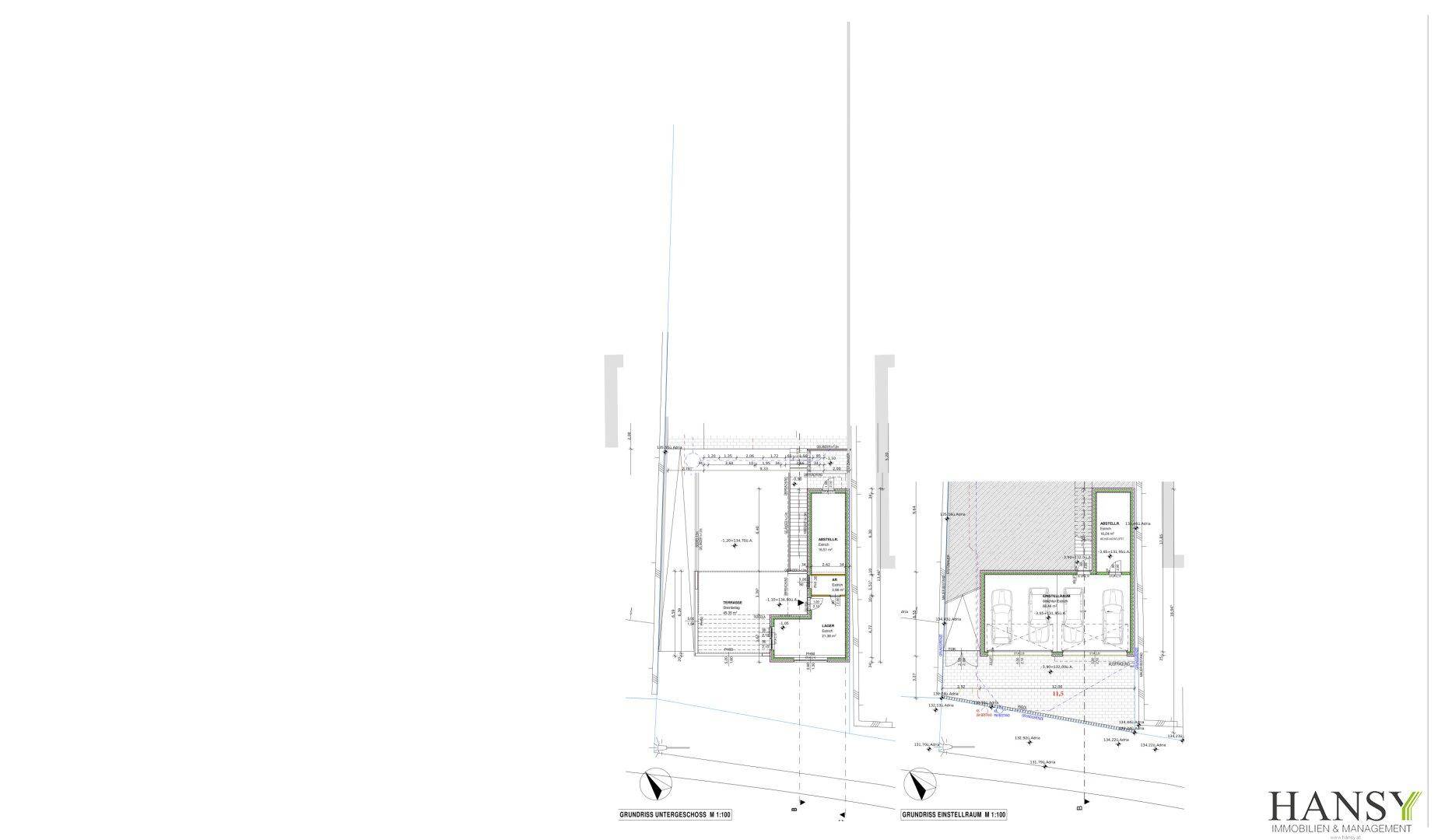 Architektonischer Plan mit Grundstücksgrenzen und Gebäudegrundrissen.