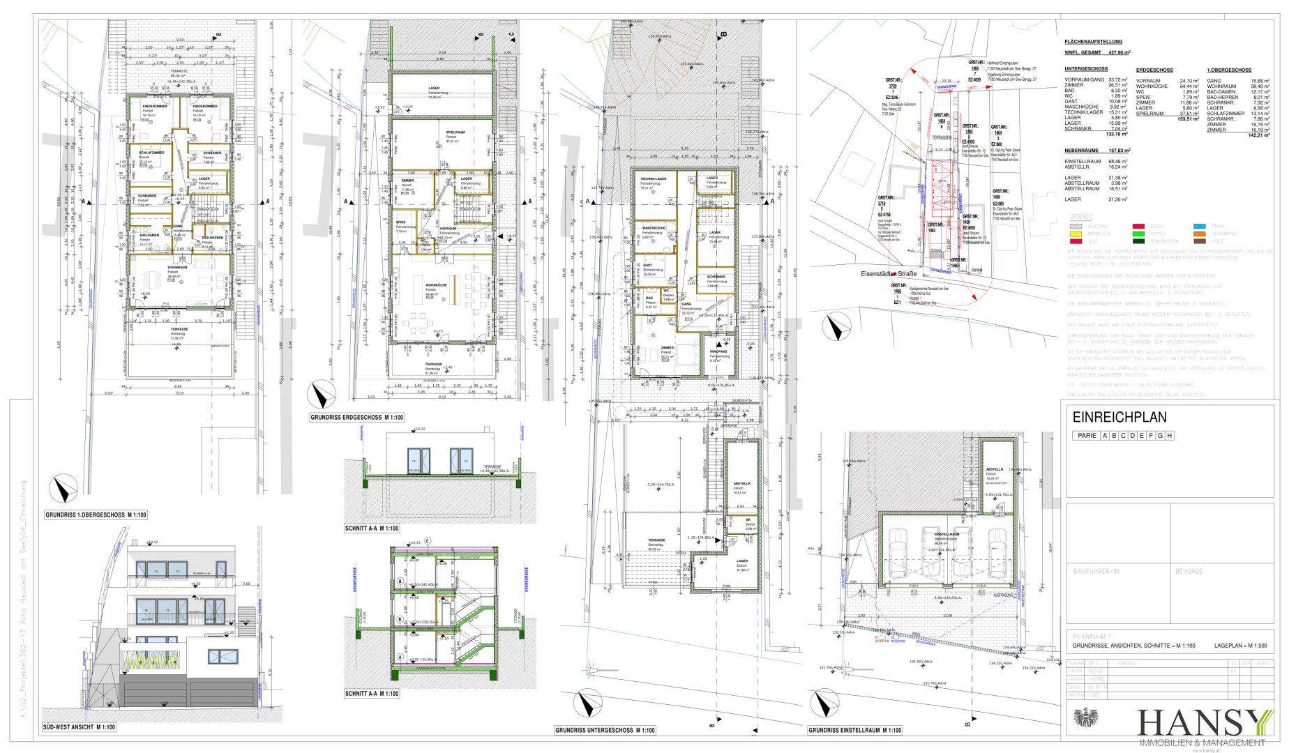 Detaillierter Einreichplan mit Grundrissen, Schnitten und Ansichten des Gebäudes.