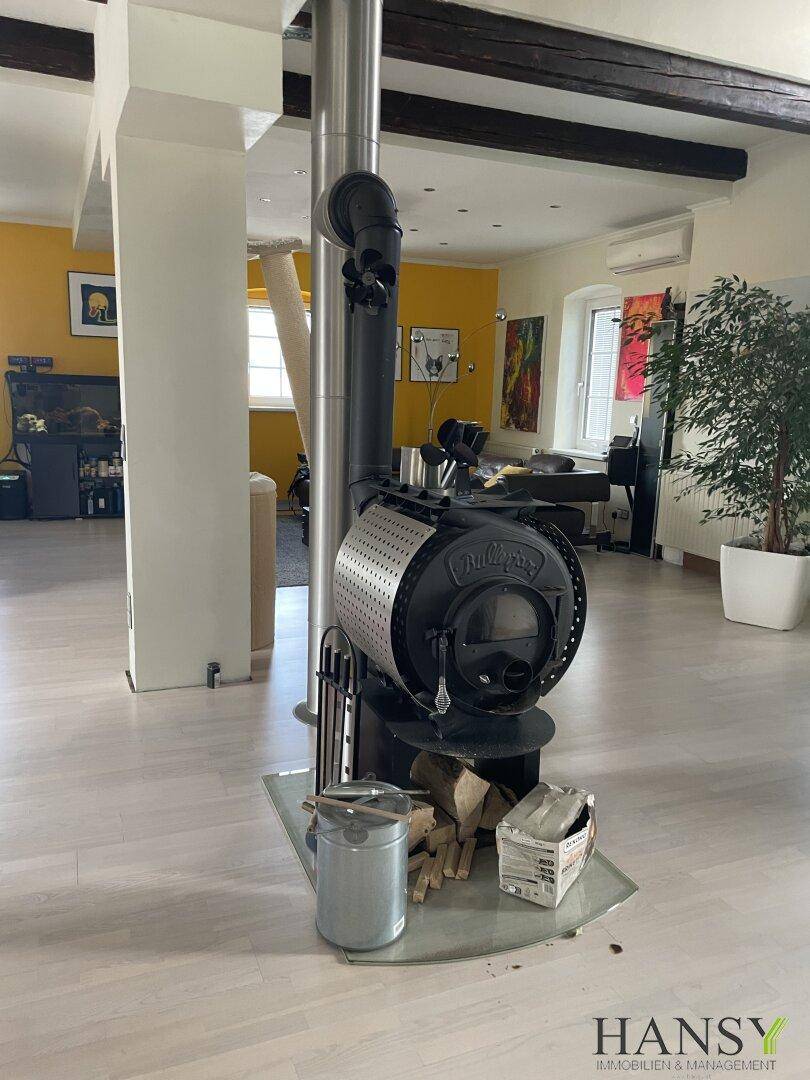 Moderner Kaminofen im Wohnbereich mit Holzscheiten und Glasplatte.