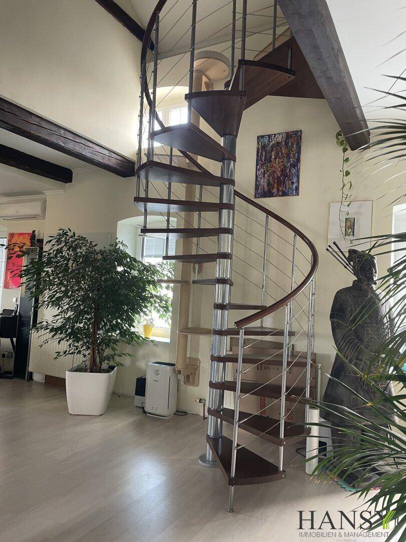 Elegante Wendeltreppe im hellen Wohnbereich mit Pflanzen und Holzbalken.