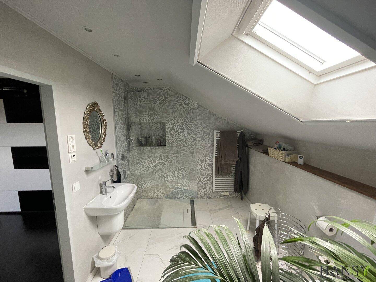 Helles Badezimmer mit begehbarer Dusche, Waschbecken, Spiegel und Dachfenster.