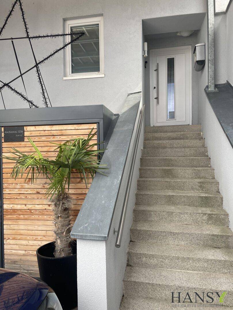 Eingangsbereich mit moderner Haustür, Treppe und Handlauf.