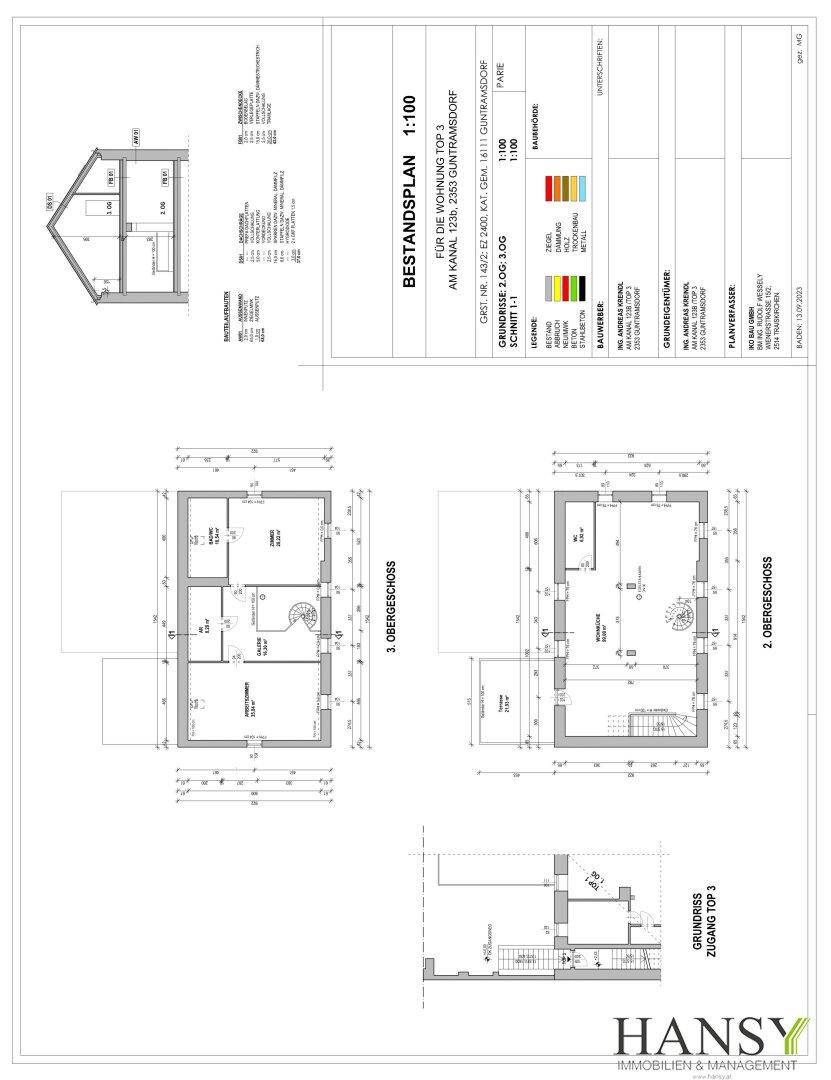 Detaillierter Bestandsplan mit Grundrissen für das erste und zweite Obergeschoss sowie den Zugangsbereich.