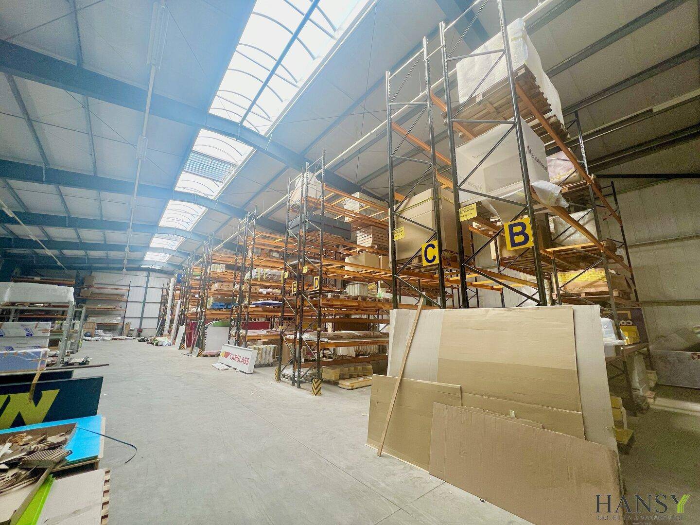 Geräumige Lagerhalle mit hohen Regalen, Oberlichtern und Betonboden, gefüllt mit Waren und viel Tageslicht.