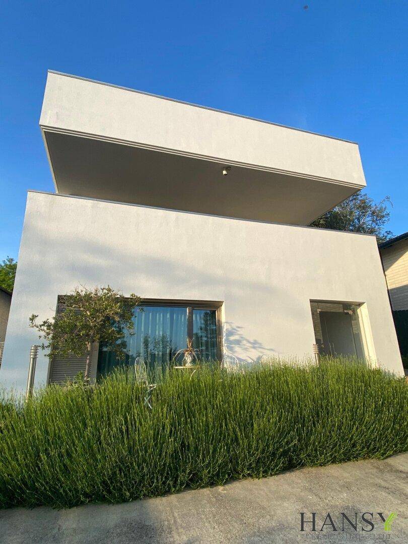 Ansicht der modernen Hausfassade mit klaren Linien und üppiger grüner Bepflanzung.