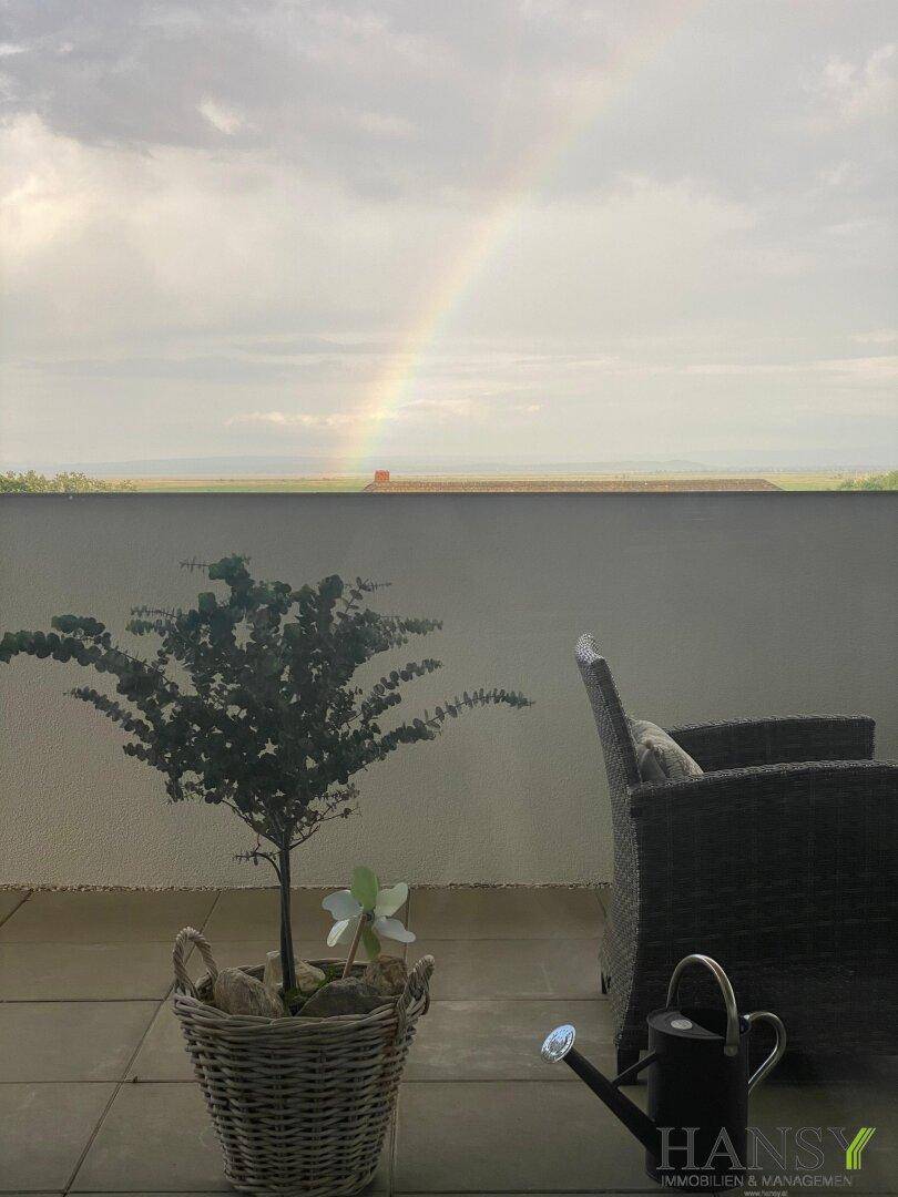 Terrasse mit Topfpflanze und Korbstuhl, im Hintergrund ein Regenbogen über der Landschaft.