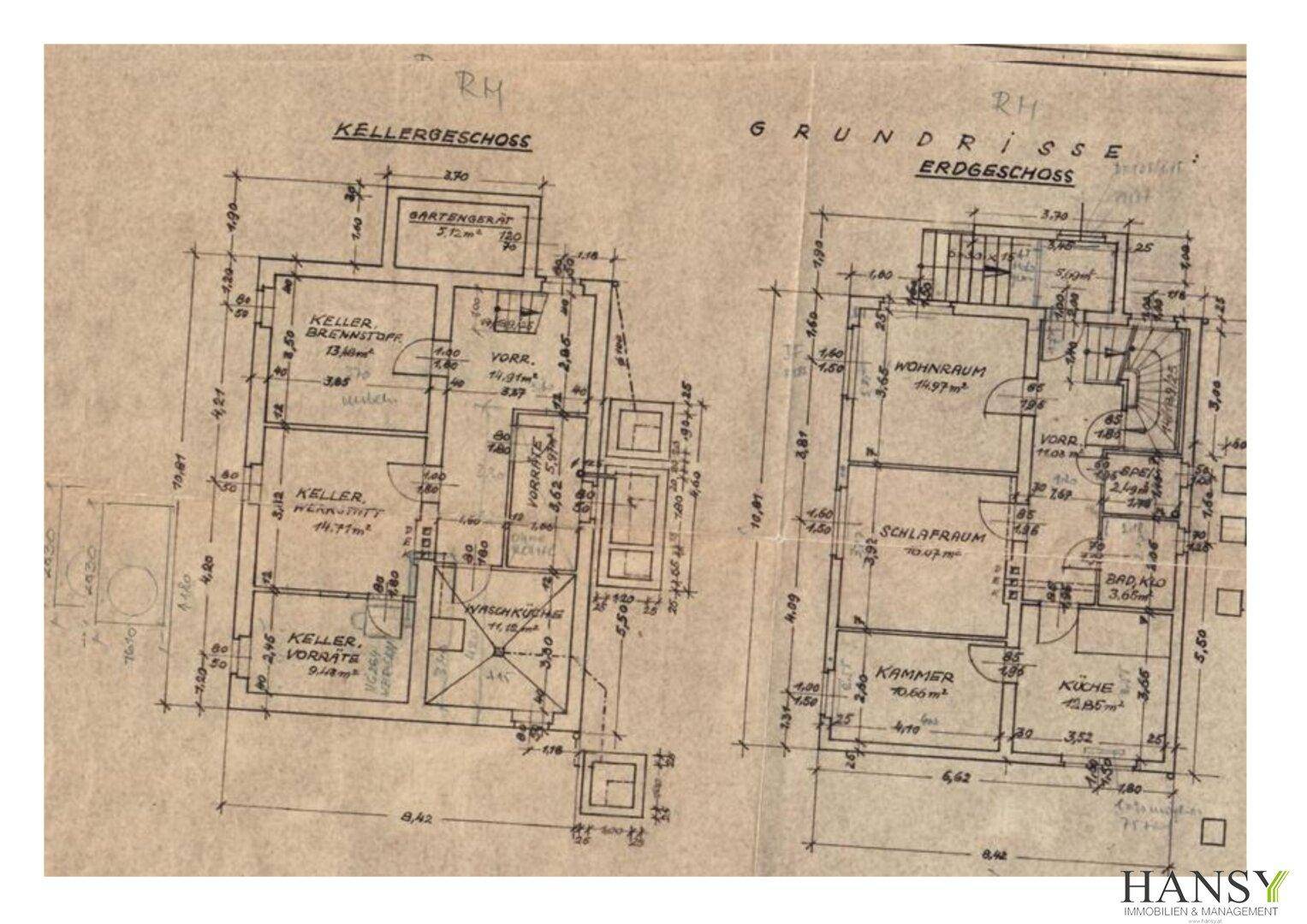 Historischer Grundrissplan des Keller- und Erdgeschosses mit Raumaufteilung und Maßen.