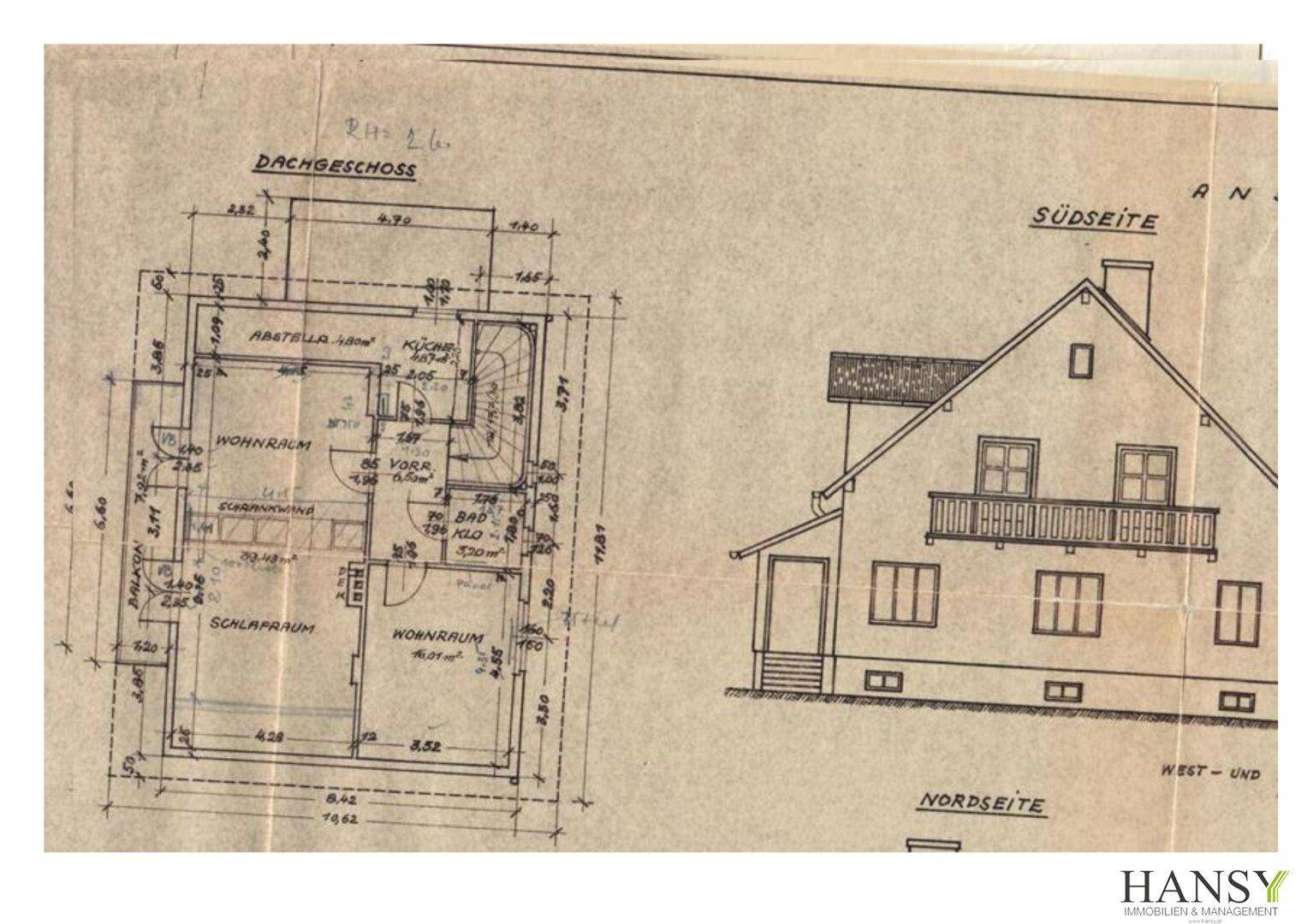 Historischer Grundrissplan des Dachgeschosses und Ansicht der Südseite des Gebäudes.