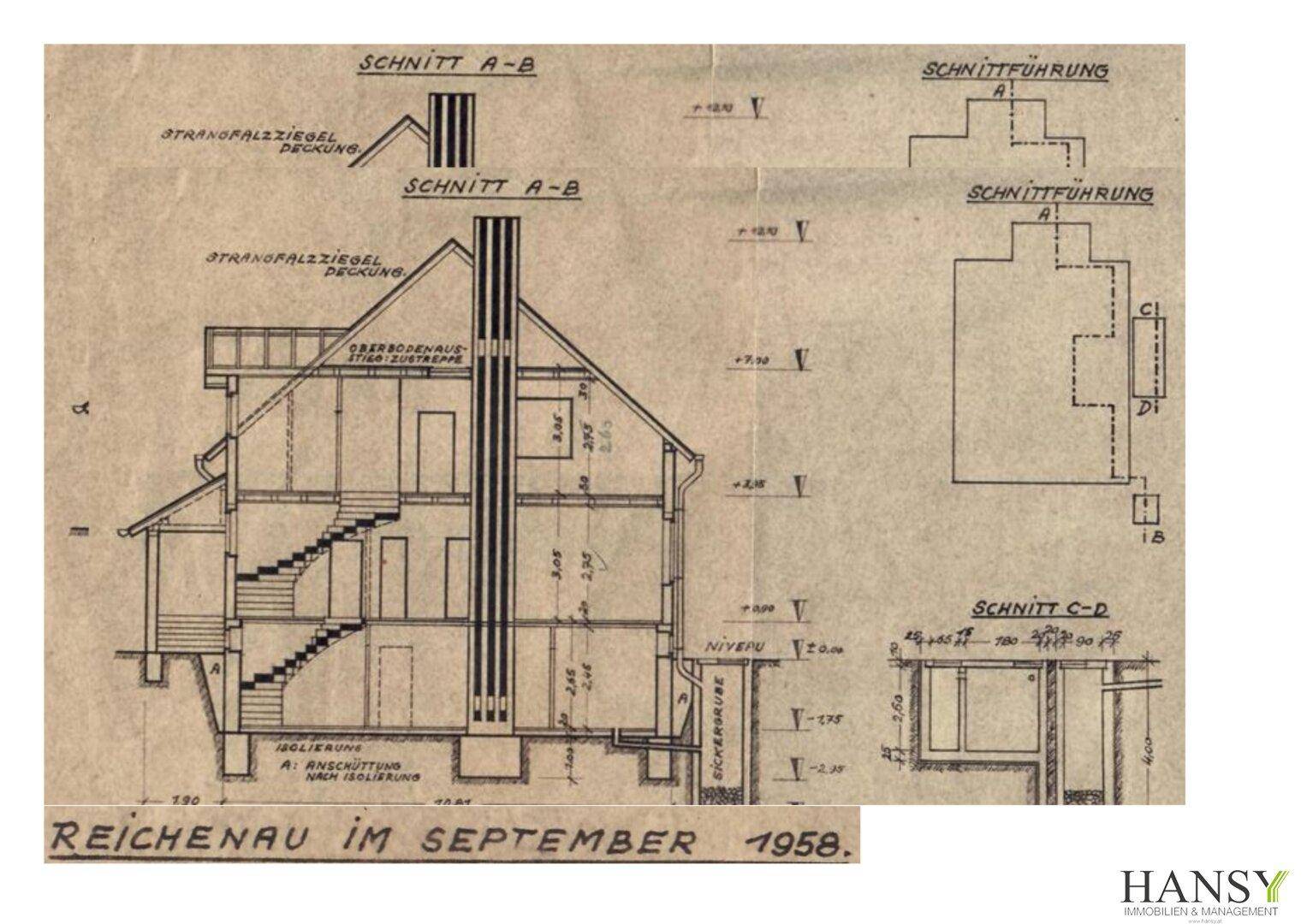 Historischer Schnittplan des Hauses aus dem Jahr 1958, zeigt die interne Struktur und Geschosse.