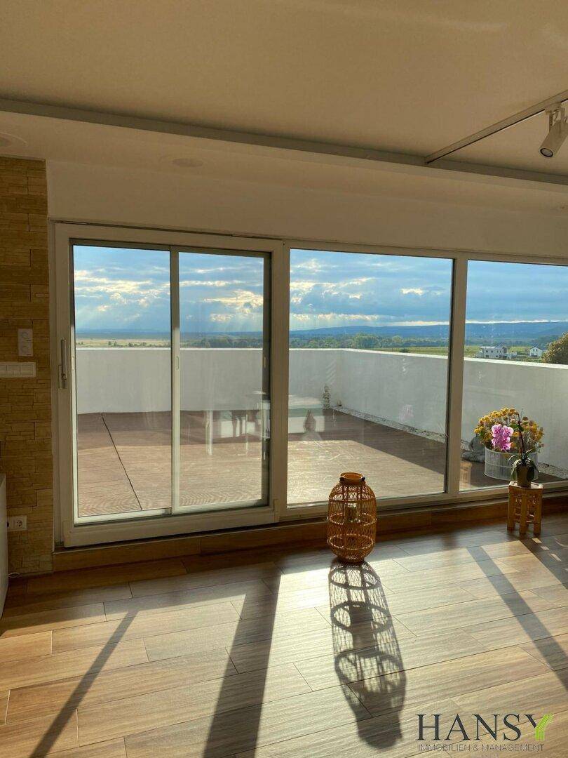 Lichtdurchfluteter Raum mit großen Glasschiebetüren zur Terrasse und weitem Panoramablick über die Landschaft.