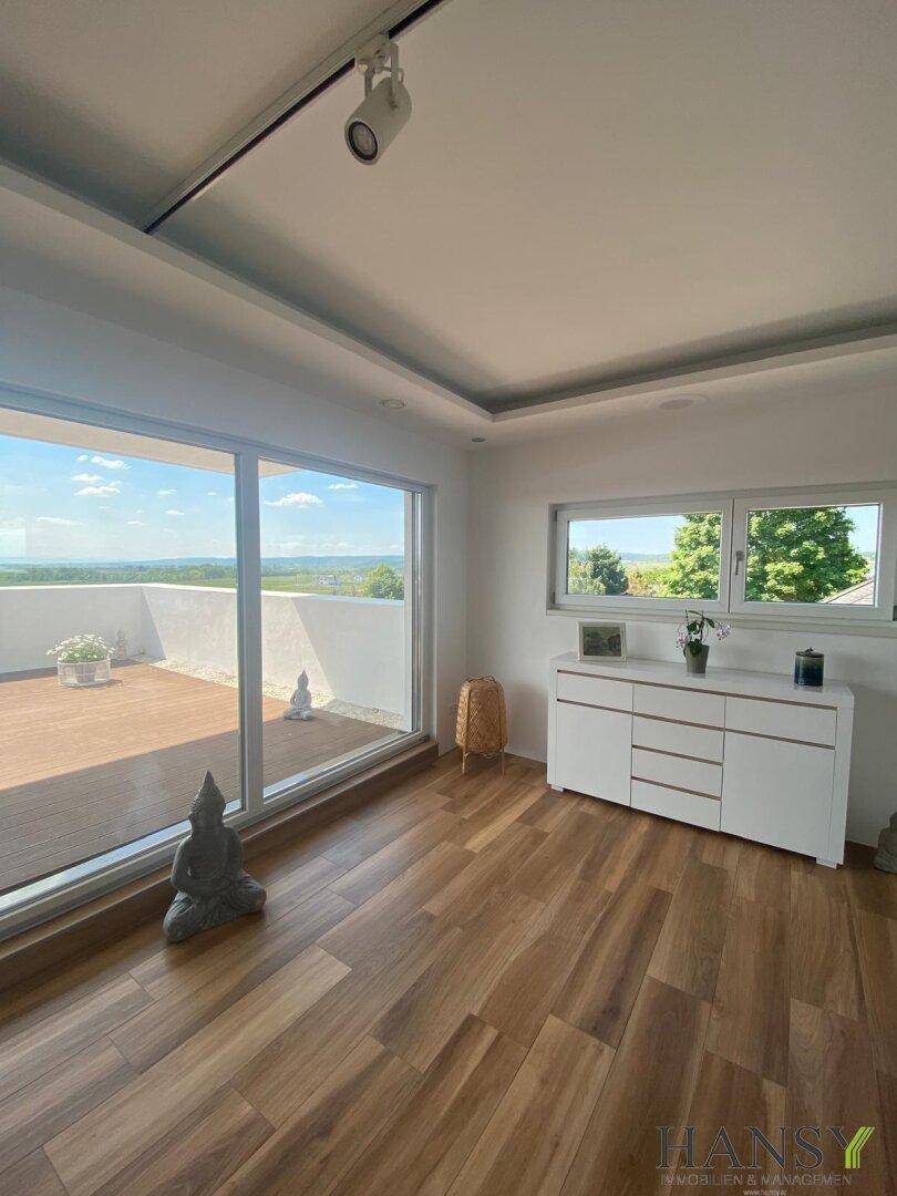 Heller Raum mit großen Schiebetüren zur Terrasse und weitem Blick über die Landschaft, ausgestattet mit Holzboden.