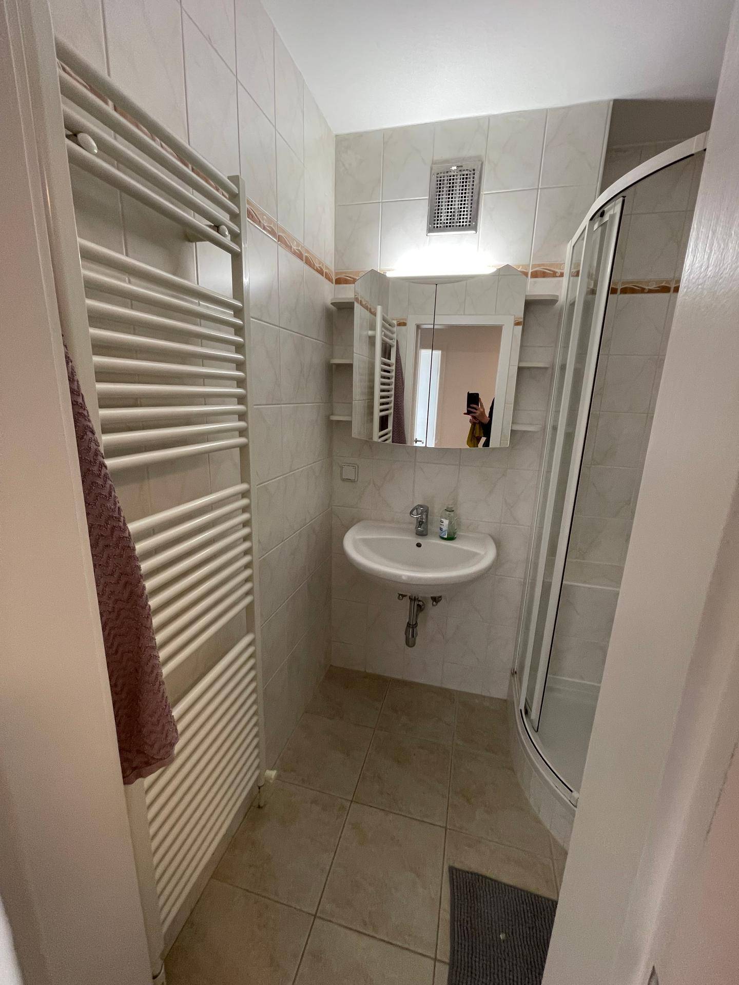 Badezimmer mit Duschkabine, Waschbecken und beheiztem Handtuchhalter, in hellen Fliesen gehalten.