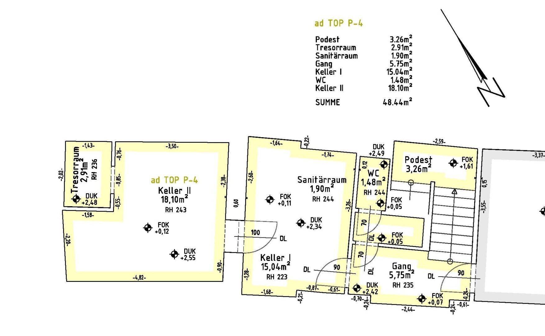 Detaillierter Grundrissplan des Kellergeschosses mit Podest, Tresorraum, Sanitärraum und zwei Kellerräumen.