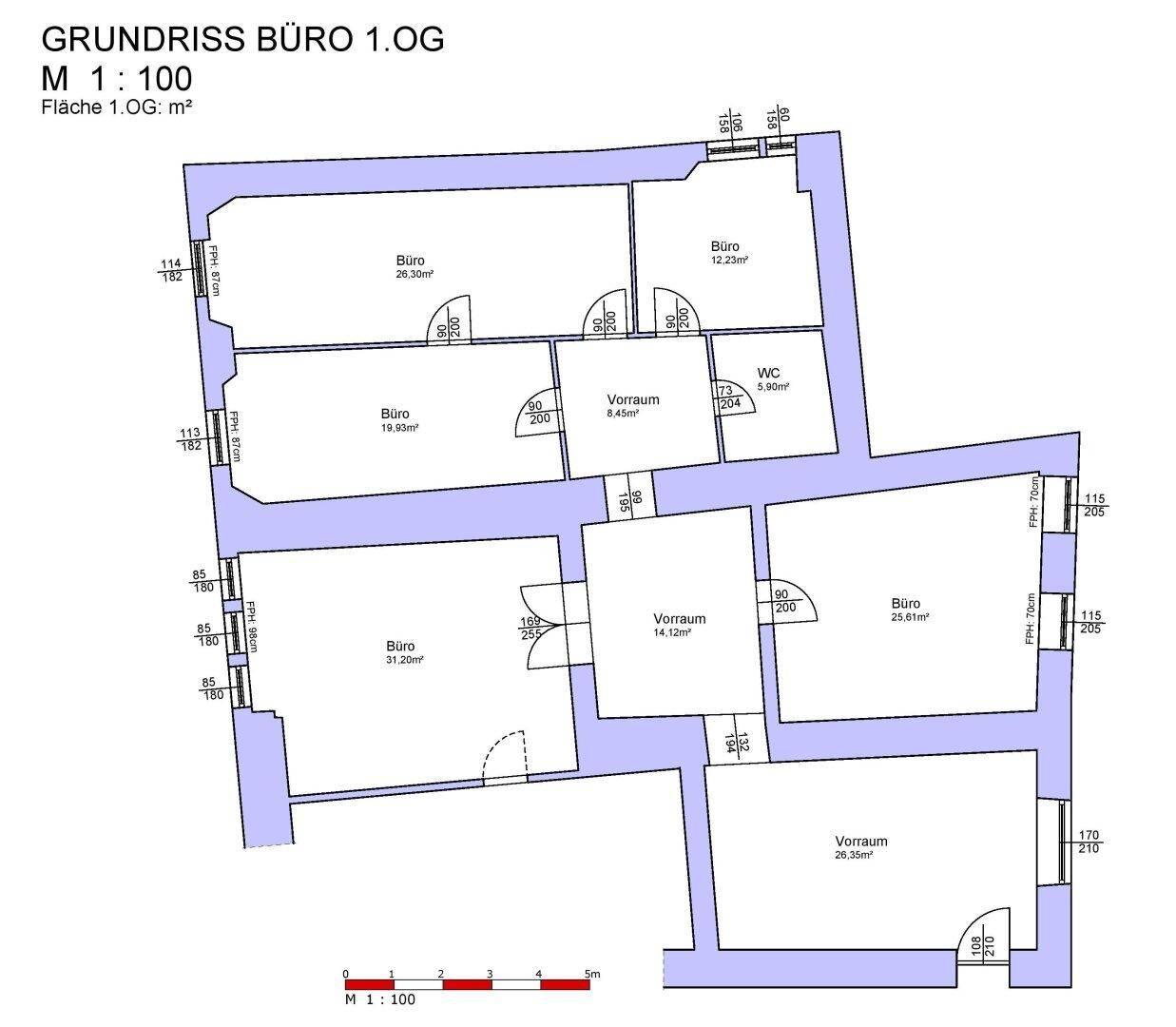 Grundriss des 1. Obergeschosses mit mehreren Büroräumen und einem WC.