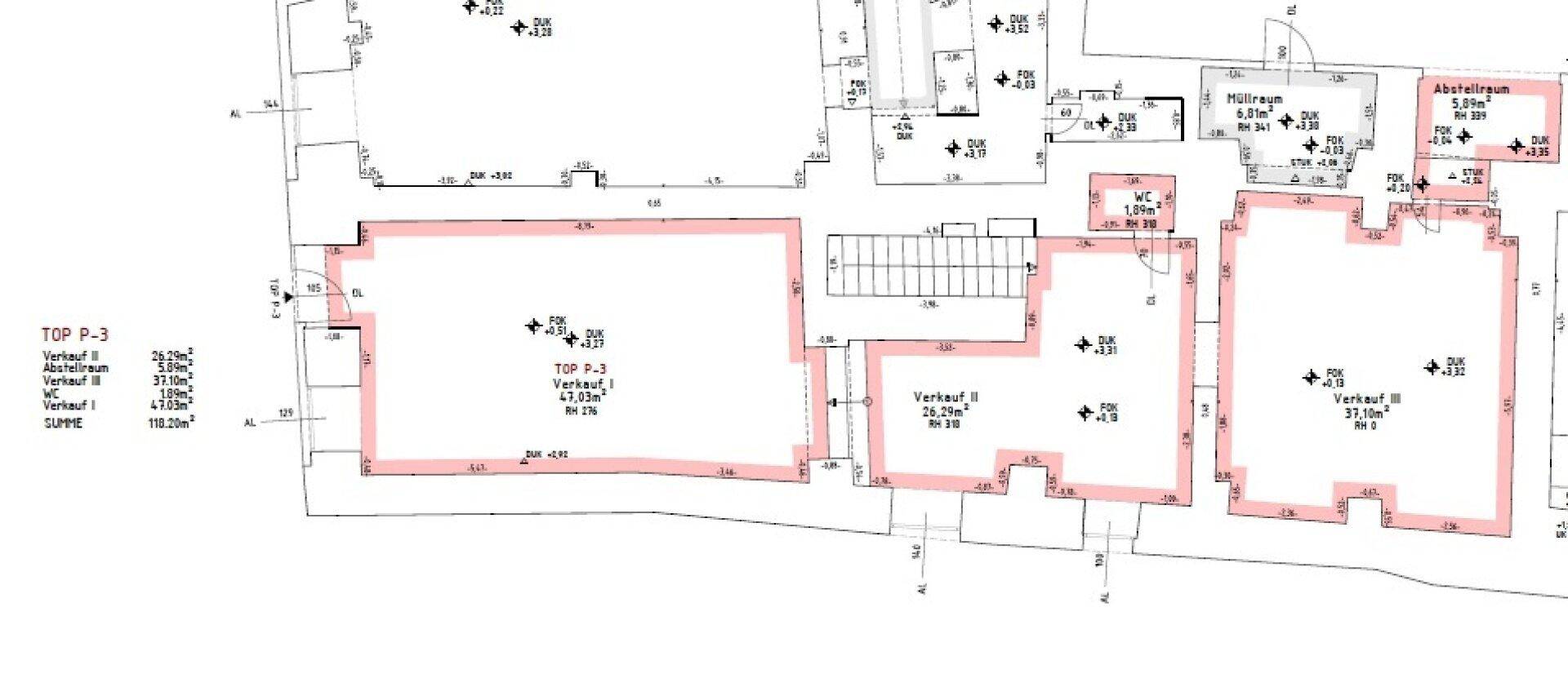 Grundrissplan einer weiteren Gewerbeeinheit mit Abstellräumen und Verkaufsflächen von insgesamt 118,25m².