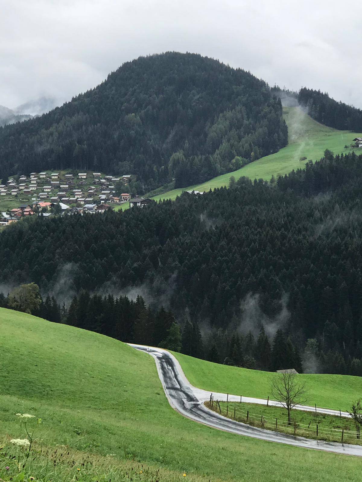 Malerische Landschaft mit grünen Hügeln, Wäldern und einer kurvigen Straße an einem bewölkten Tag.