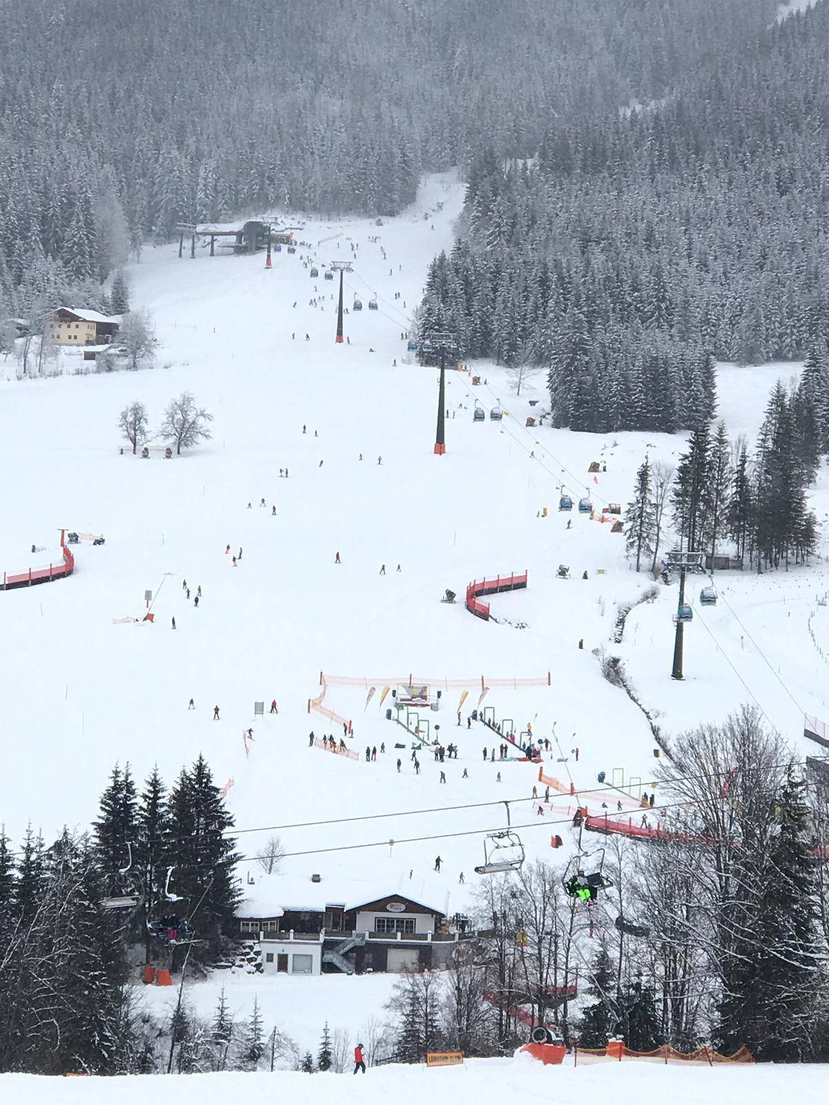 Weitläufige Skipiste mit Skiliften, vielen Skifahrern und verschneiten Wäldern.