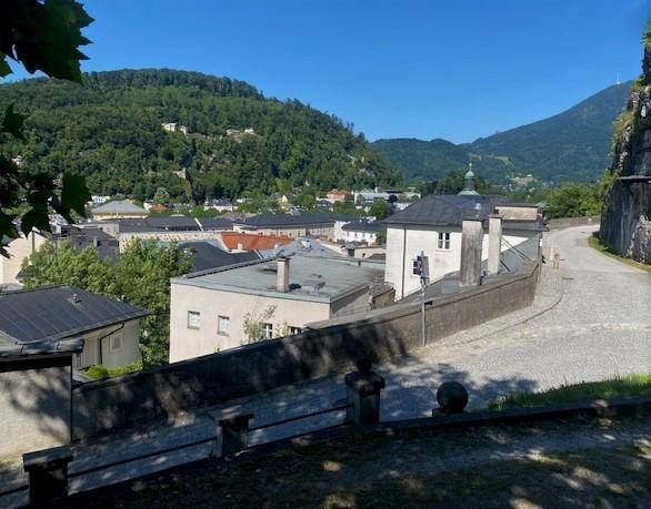 Panoramablick auf die Stadt mit historischen Gebäuden und grünen Hügeln im Hintergrund.