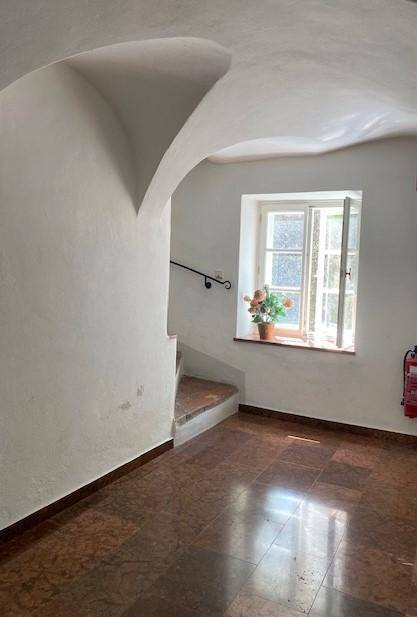 Eingangsbereich mit Gewölbedecke, Fliesenboden und Fenster mit Blumen.