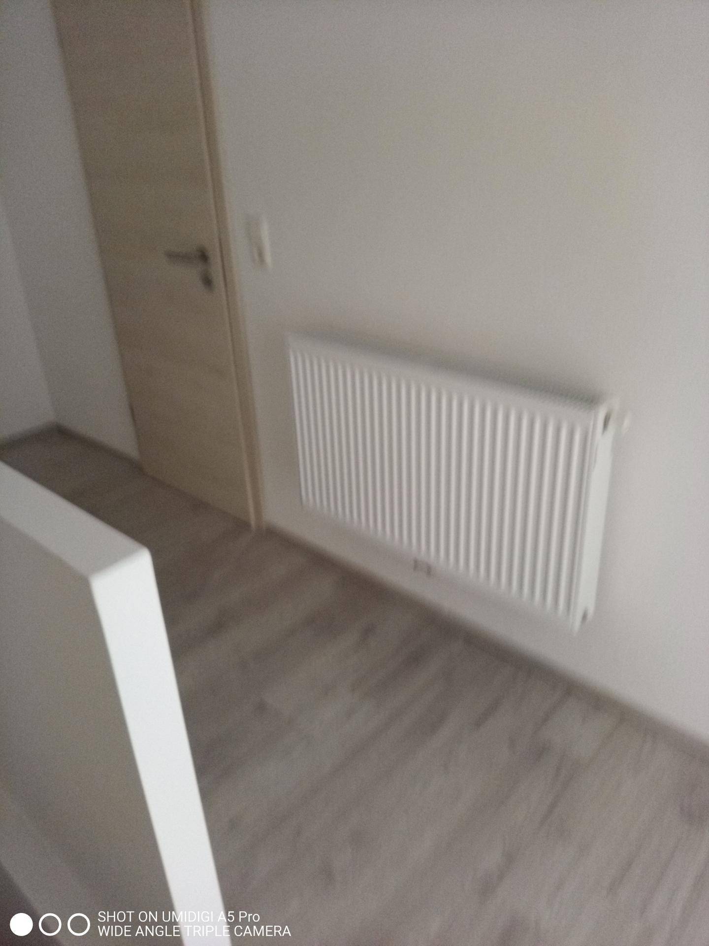 Heller Flur mit Laminatboden, Heizkörper und einer schlichten Holztür.