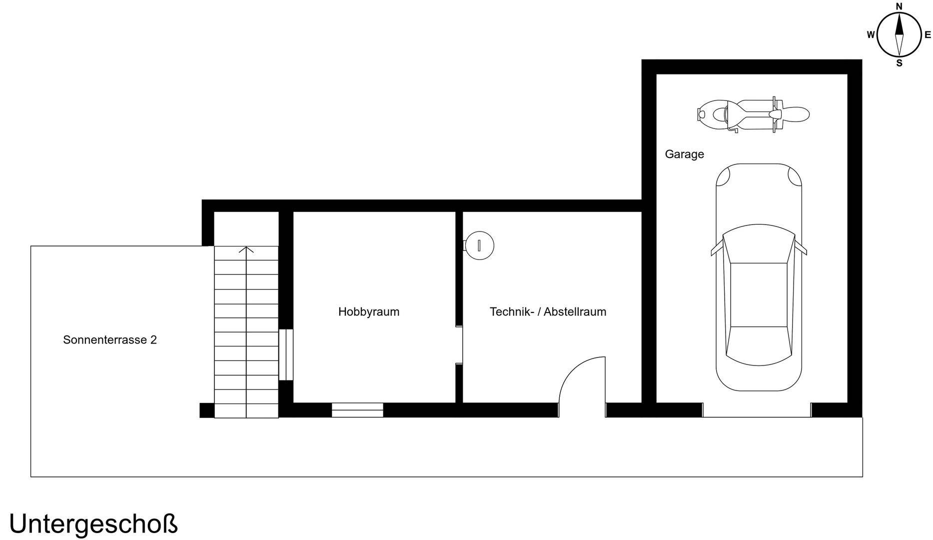 Grundriss des Untergeschosses mit Garage, Hobbyraum, Technikraum und Sonnenterrasse.