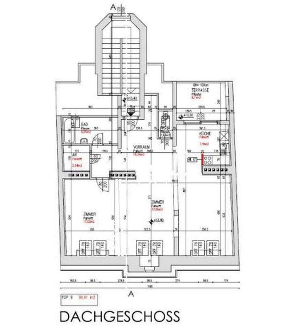 Grundriss des Dachgeschosses mit Zimmern, Bad, Küche und Terrasse, Gesamtfläche 98,47 m².