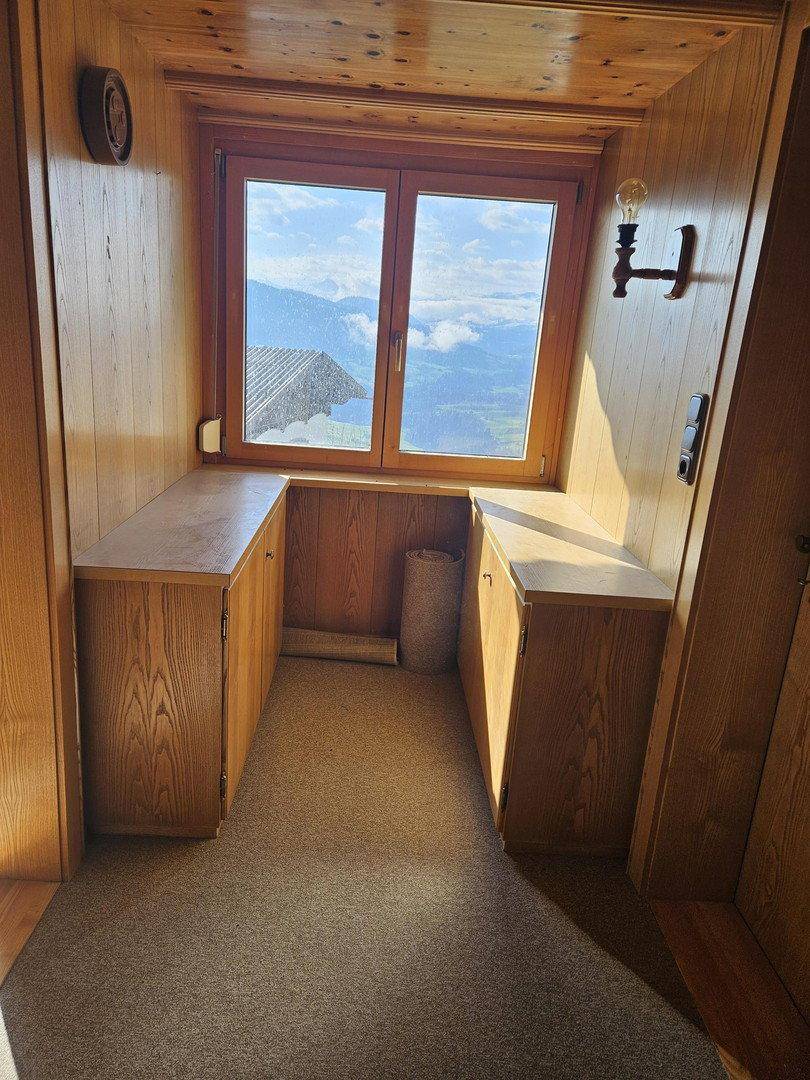 Gemütlicher Arbeitsbereich mit Holzvertäfelung, Teppichboden und malerischem Bergblick.