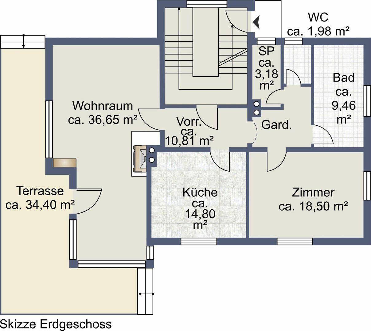 Grundriss des Erdgeschosses mit Wohnraum, Küche, Zimmer, Bad, WC und großer Terrasse.