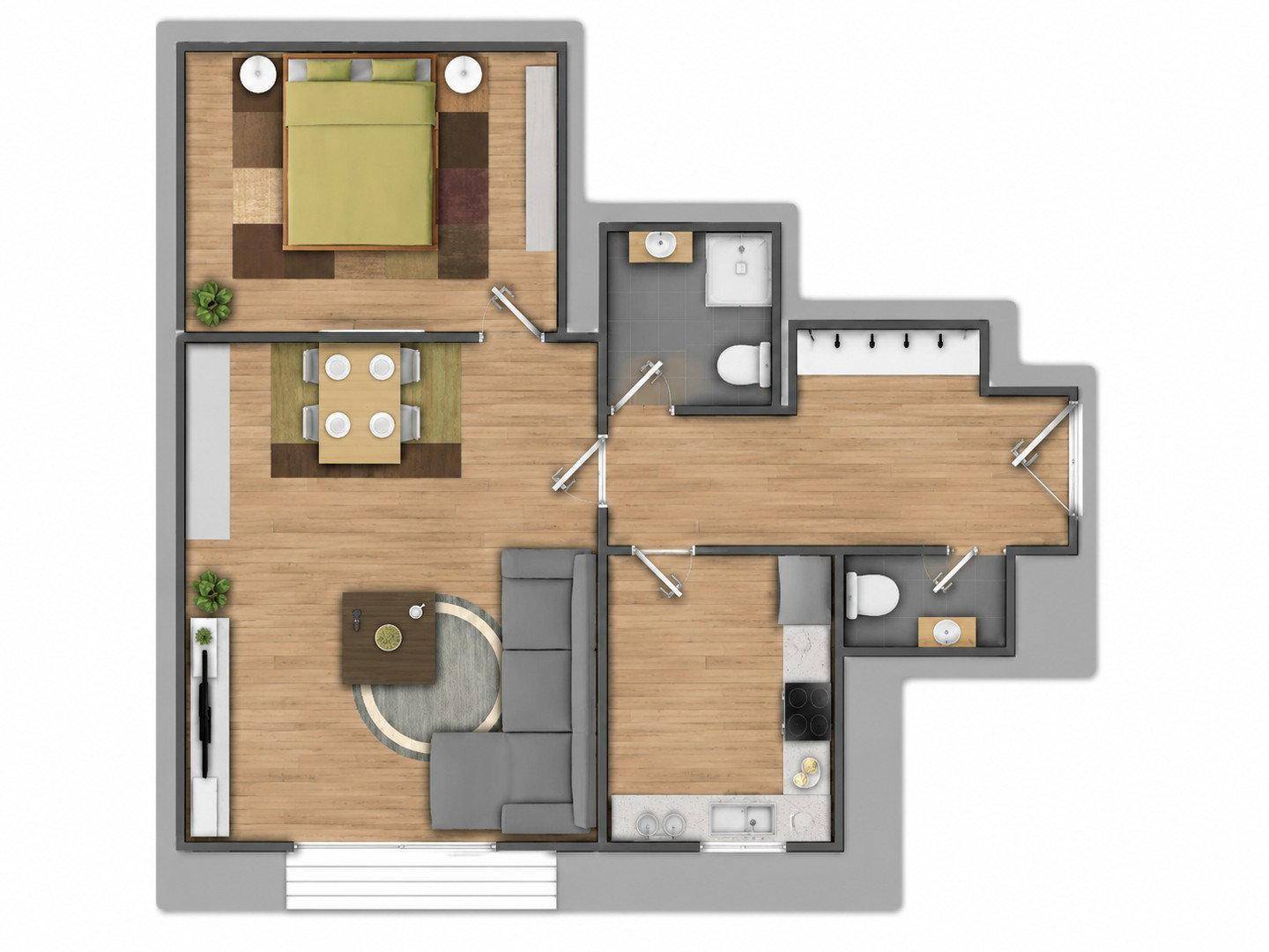 Übersichtlicher Grundriss einer Wohnung mit Schlafzimmer, Wohnbereich und zwei Bädern.