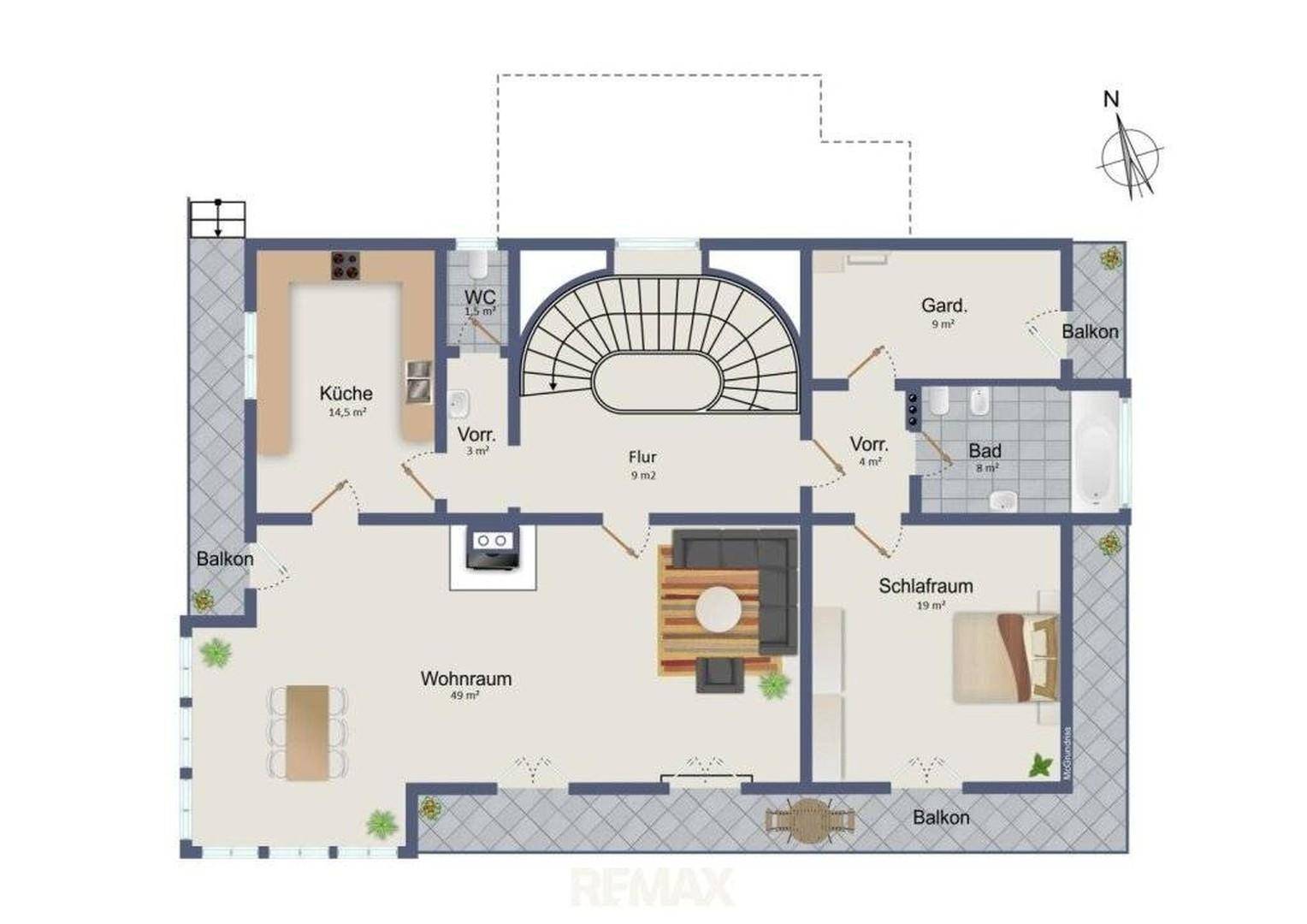Grundriss des Obergeschosses mit offener Küche, großem Wohnraum, Schlafzimmer und Balkonen.