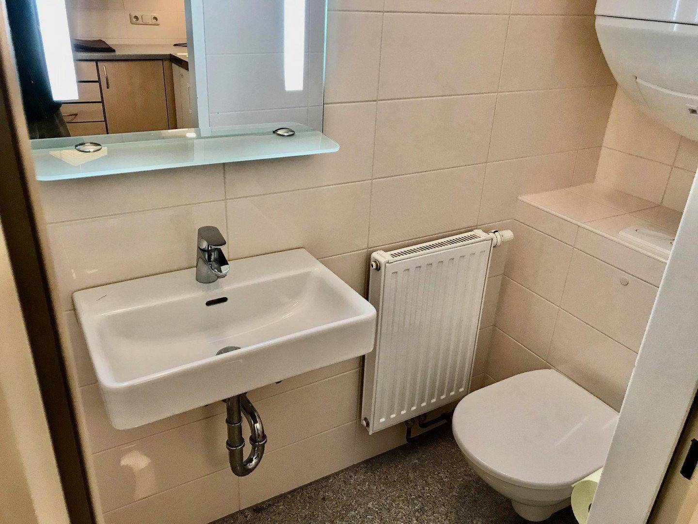 WC mit Waschbecken, Spiegel und Toilette, funktional eingerichtet.