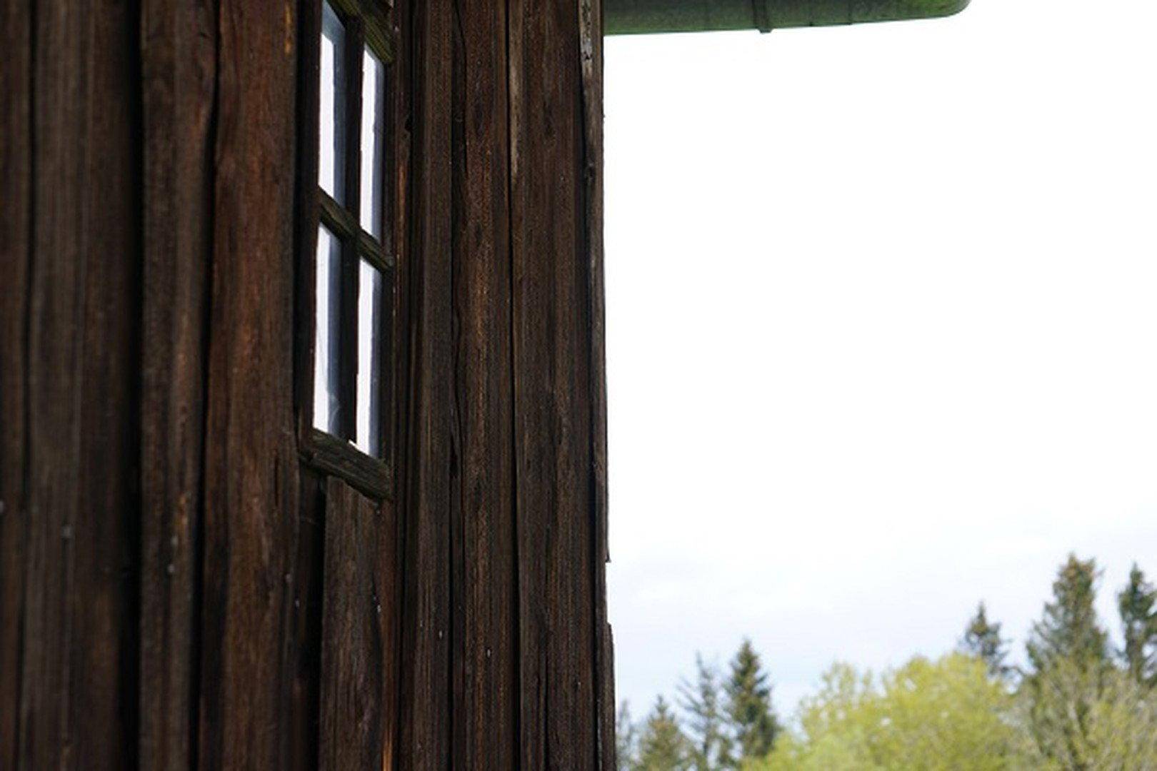 Detailansicht einer dunklen Holzfassade mit kleinem Fenster und Baumwipfeln im Hintergrund.