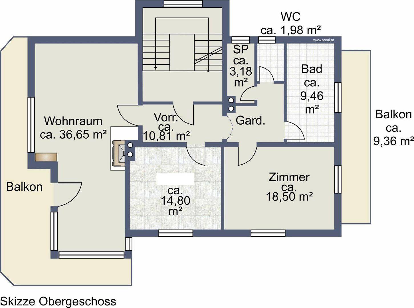 Grundriss des Obergeschosses mit Wohnraum, Zimmer, Bad, WC und zwei Balkonen.
