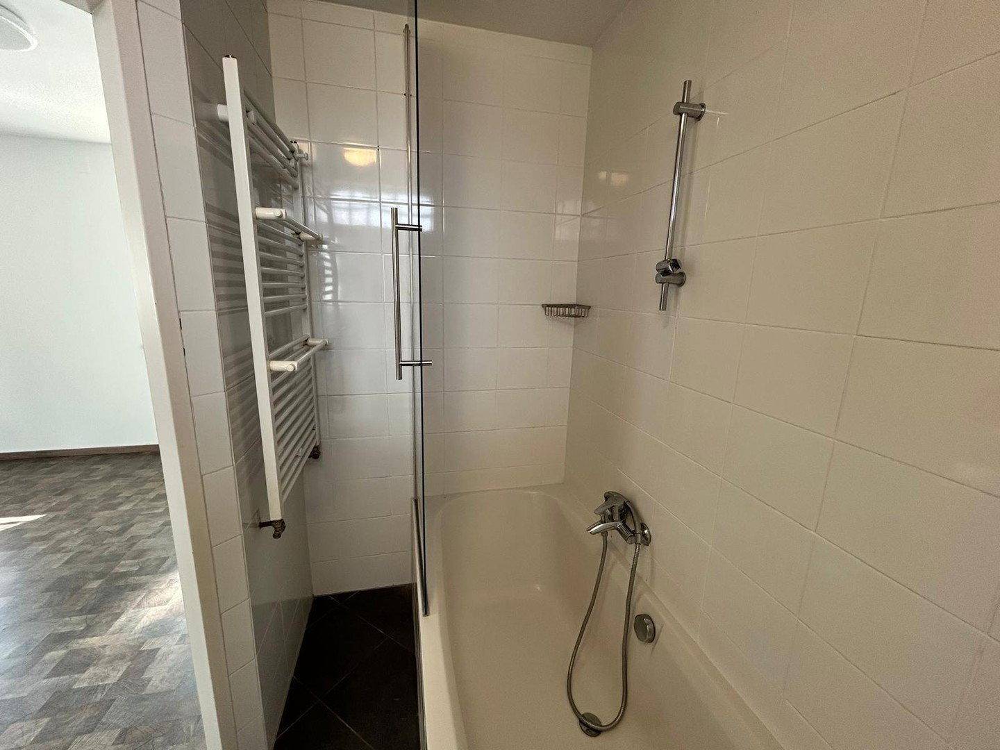 Helles Badezimmer mit Badewanne, Duschabtrennung und beheiztem Handtuchhalter.