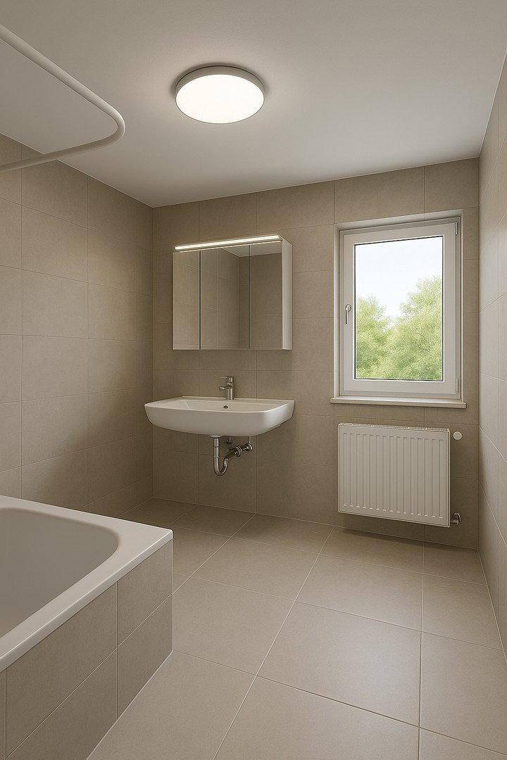 Modernisiertes Badezimmer mit Badewanne, schwebendem Waschbecken und großformatigen Fliesen.