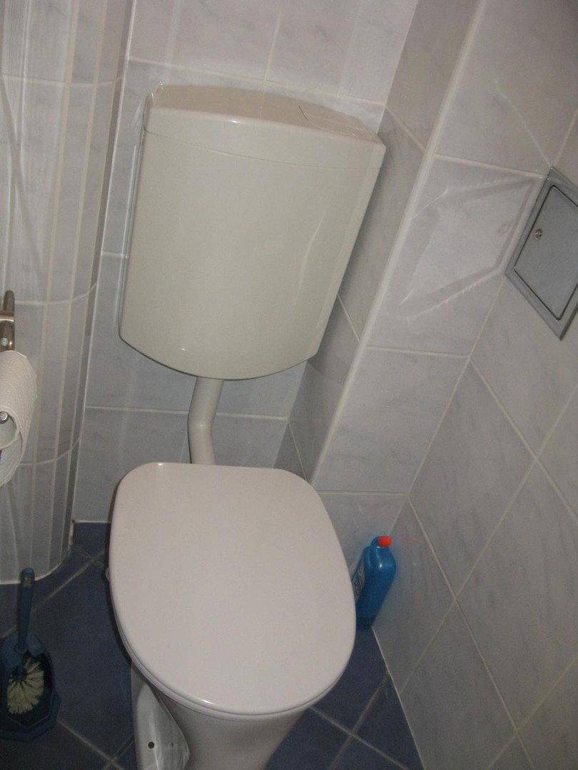 Einfaches WC mit Fliesen an Wänden und Boden, sowie einem sichtbaren Spülkasten.