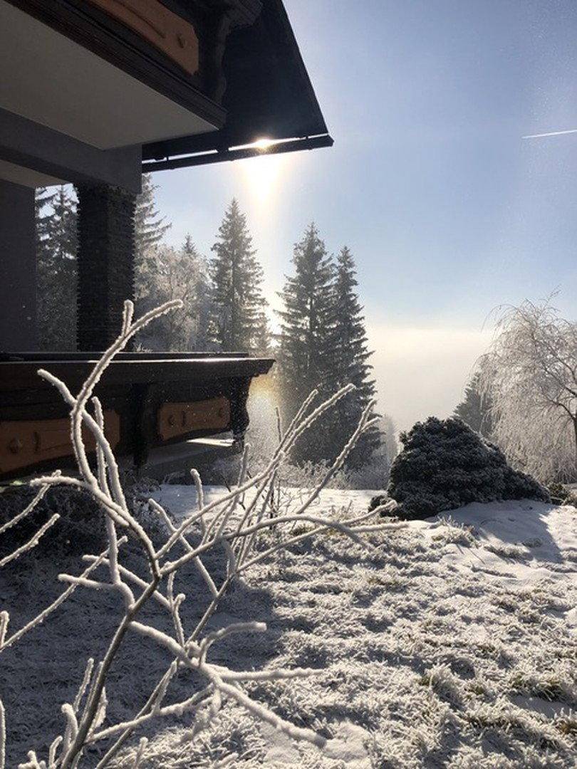 Winterliche Außenansicht eines Gebäudes in einer verschneiten Landschaft mit Bäumen und Sonnenschein.