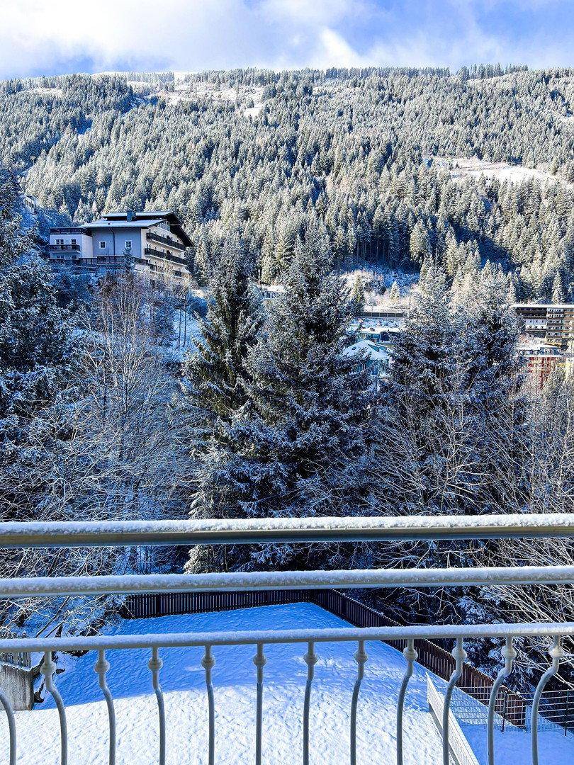 Balkon mit Blick auf die verschneite Waldlandschaft und ein Haus am Berg.